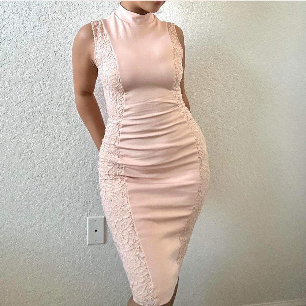 bebe Blush Lace Panel Midi Dress